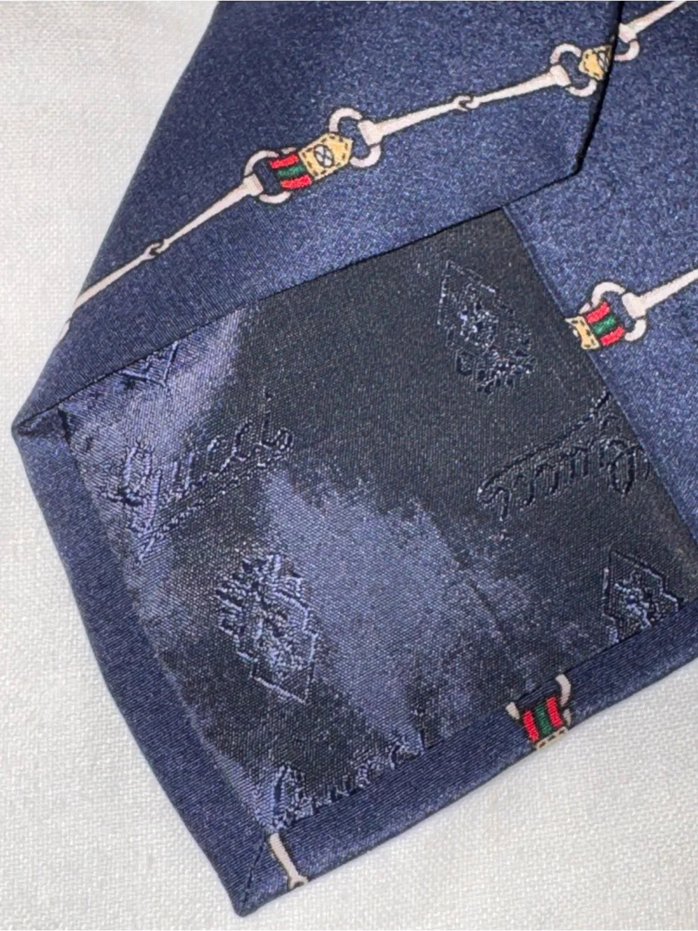Vintage Gucci silk horsebit equestrian iconic striped Blue Tie